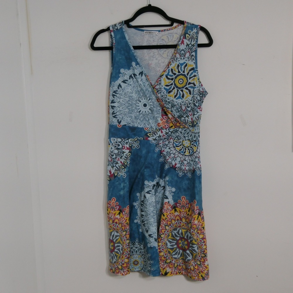 GUBERRY Women Faux Wrap‎ Dress Medium Blue Mandala Boho Aesthetic